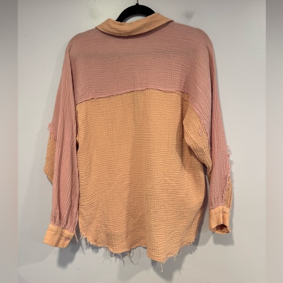 Hem & Thread pink and orange gauze linen button down shirt - Picture 3 of 3